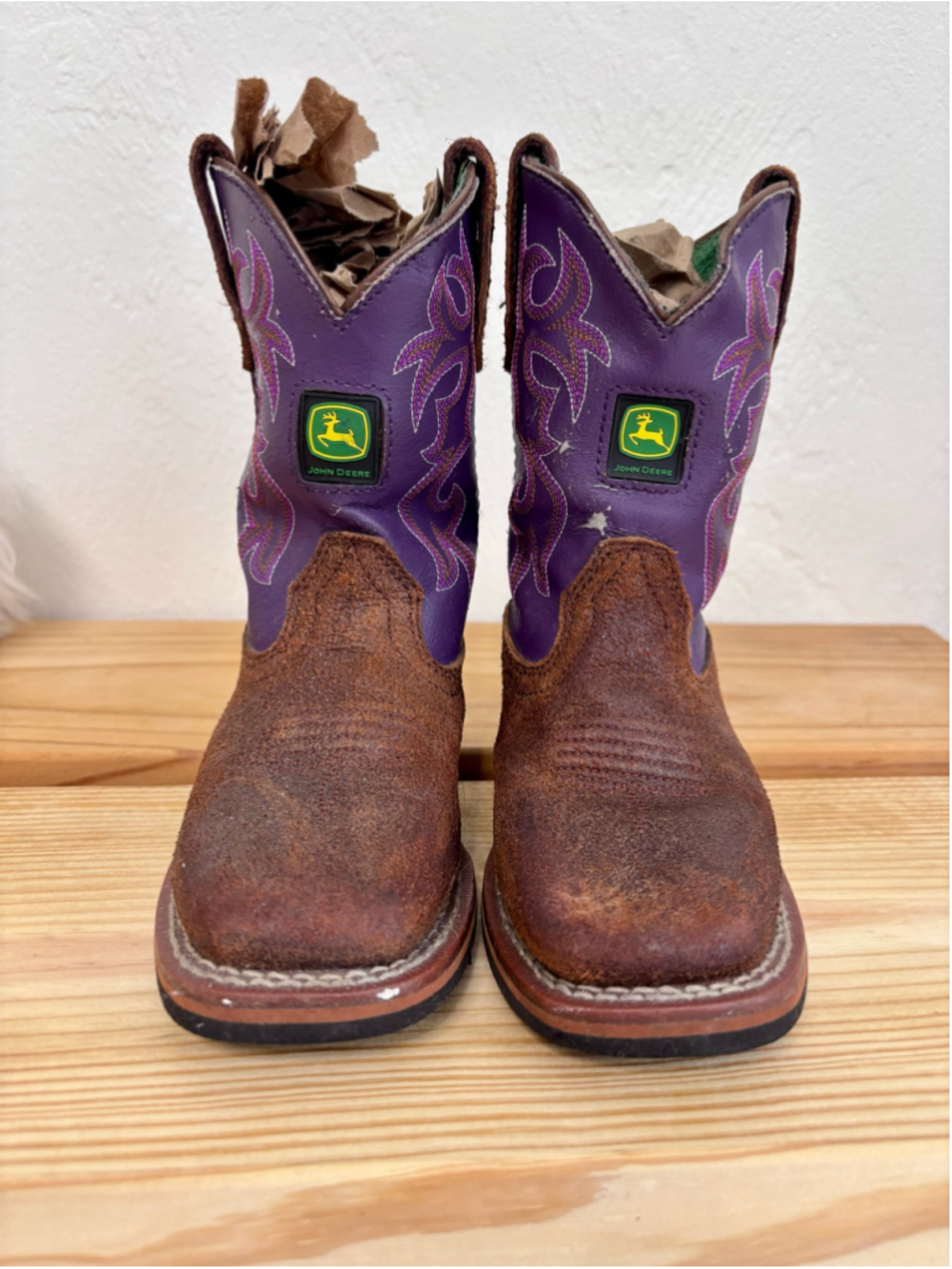 Kids John Deere Western Boots Size 11.5 Brown Purple Faux Leather Cowboy